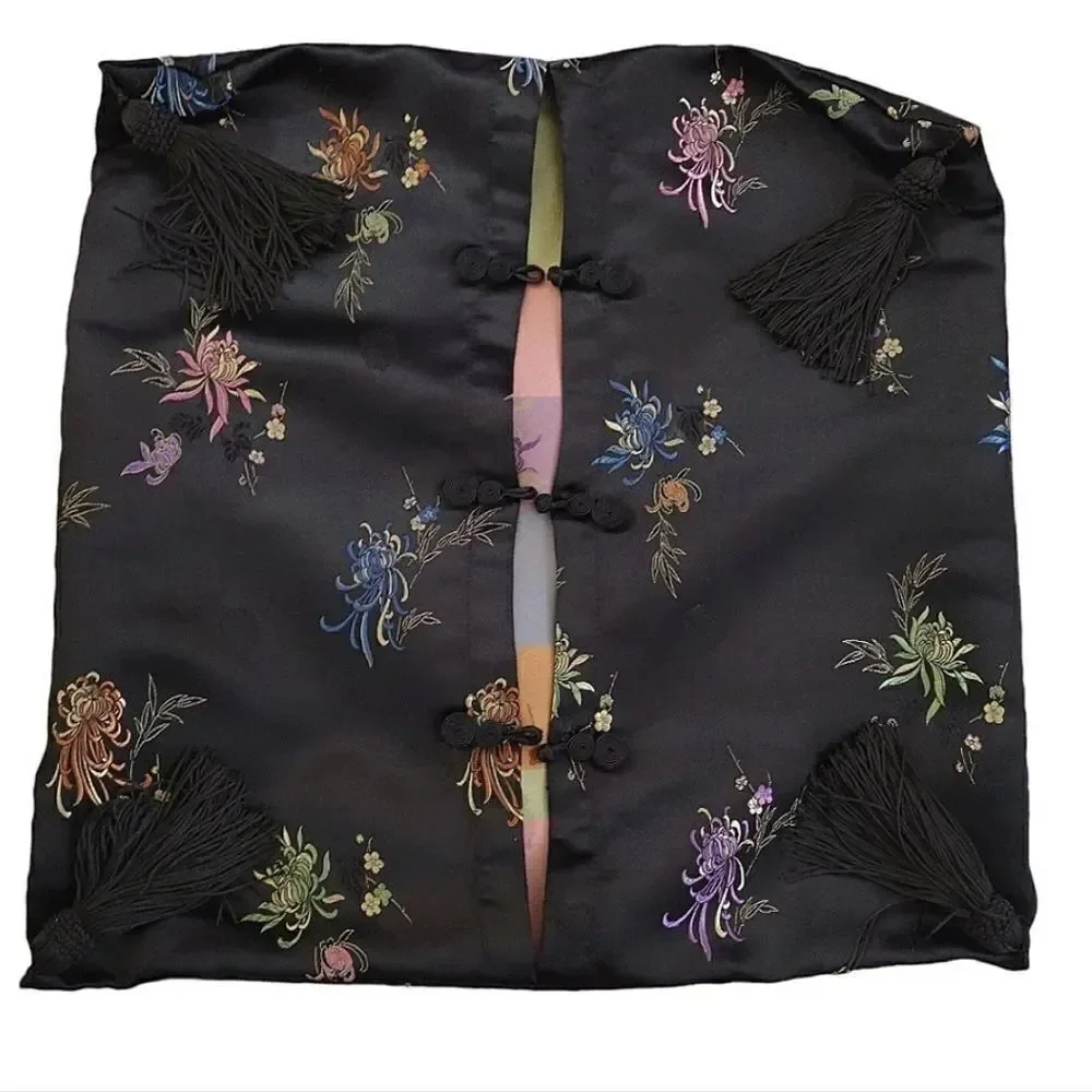 Y2K 2 Square Decor Accent Pillows‎ Black Gold Metallic Sequins Floral